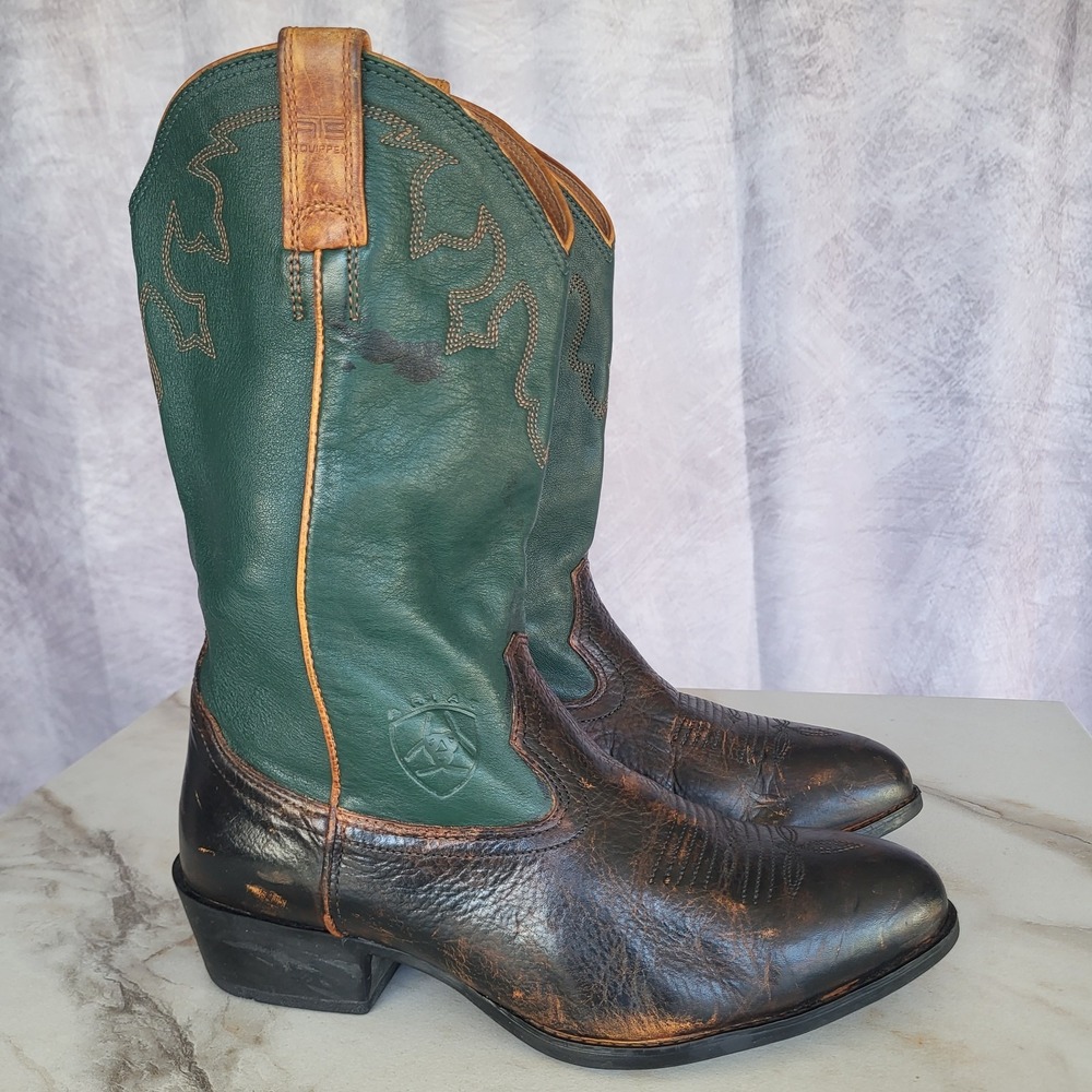 Ariat ATS Cowboy Boots Brown Painted Black Western Men's Size 10.5 green